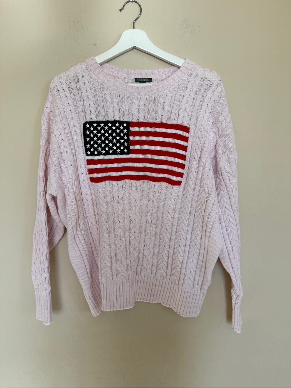 Wild Fable Women’s Pink Cable-Knit Sweater Flag Design Motif Large